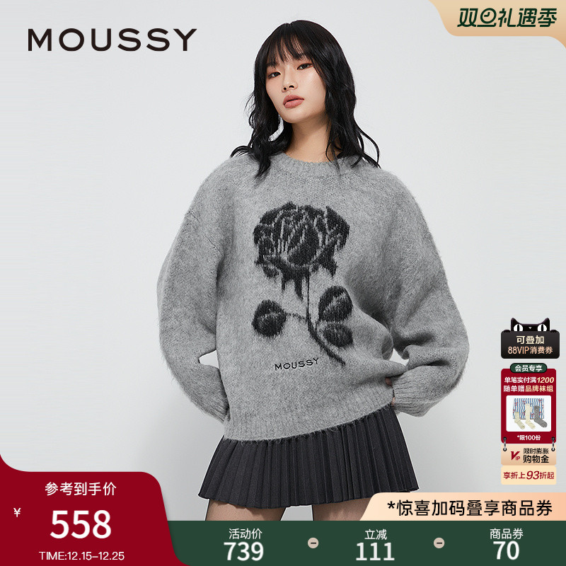 MOUSSY 秋季新品复古提花玫瑰图圆领针织衫毛衣028IAZ70-1022