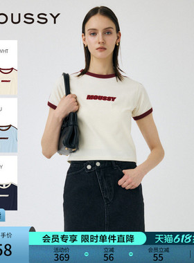 MOUSSY 夏季新品简约通勤字母刺绣撞色短袖T恤010IS490-4271
