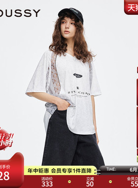 MOUSSY 夏季新品蕾丝拼接V领宽松篮球服印花T恤028ISA90-2921