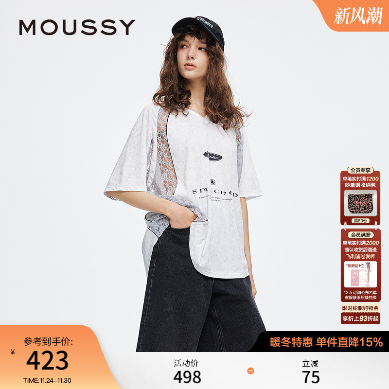 MOUSSY 2025夏季新品蕾丝拼接V领宽松篮球服印花T恤028ISA90-2921