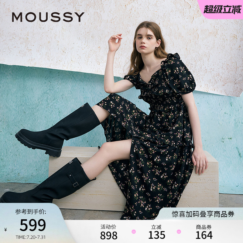 MOUSSY 2025夏季新品法式少女方领泡泡袖碎花连衣裙028ISA33-3301