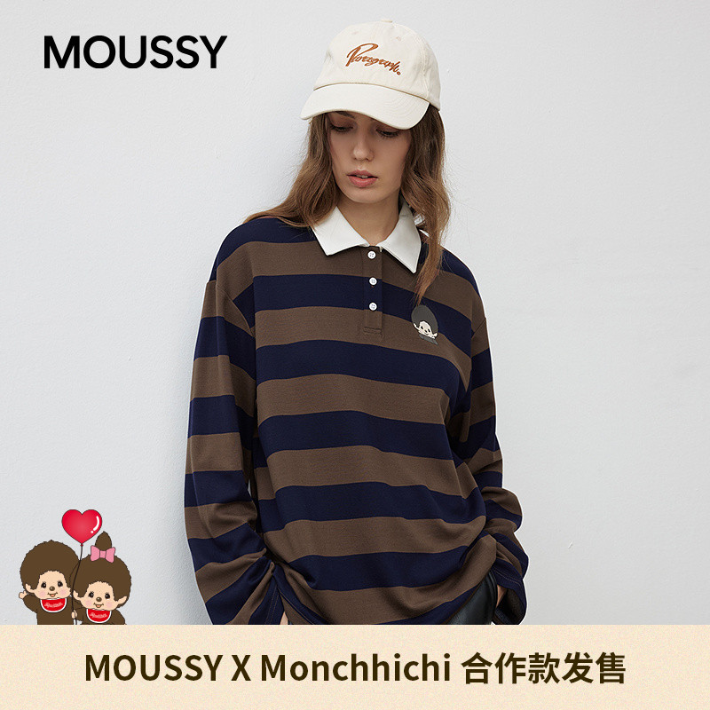 MOUSSY&Monchhichi合作款2025秋季新品条纹撞色卫衣028IAA01-1038