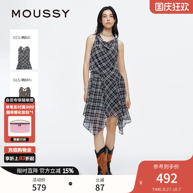 MOUSSY 2025夏季新品格纹荡领露背不规则无袖连衣裙028ISA33-3521