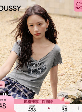 MOUSSY 2026春季新品辣妹风复古蝴蝶印花系带V领T恤028JSA90-1031