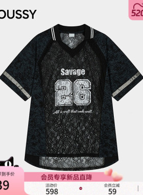 MOUSSY 2026夏季新品美式复古风蕾丝拼接V领短袖T恤028JSA90-1077