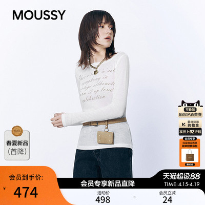 MOUSSY 2026春季新品慵懒风字母印花一字领长袖T恤028JSA90-1017