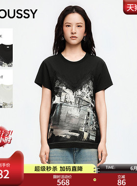 MOUSSY2026夏季新品甜酷风蕾丝拼接涂鸦印花短袖T恤028JSZ90-1042