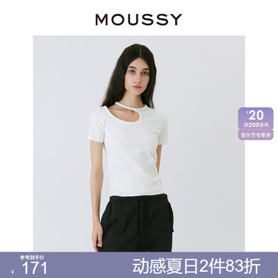 moussy创意破洞露锁骨简约T恤