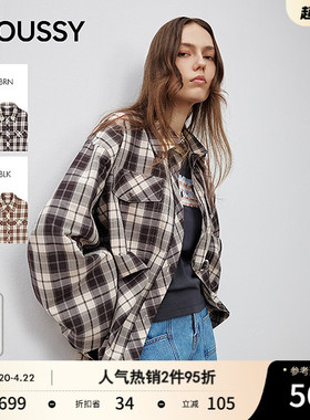 MOUSSY 甜酷风抽褶系带收口复古格子长袖衬衫女028ISA30-1004
