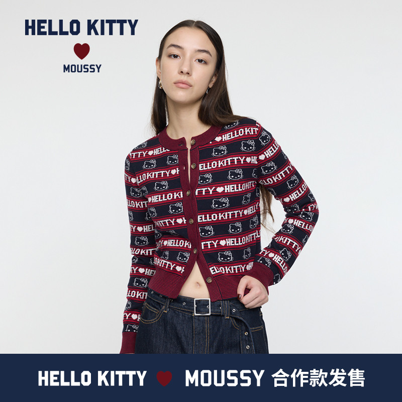 MOUSSY X HELLO KITTY 25秋季新品满印圆领针织开衫010IAF01-8091