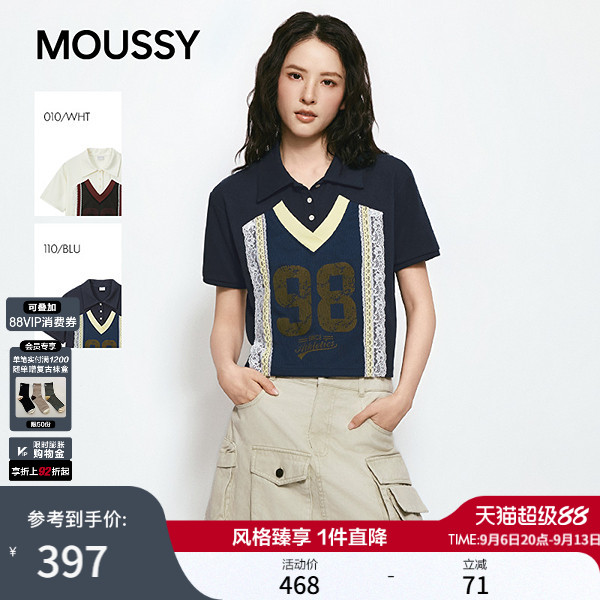 MOUSSY 2026夏季新品美式蕾丝拼接印花polo短袖T恤028JSZ90-1056										