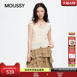 moussy2026夏季新品法式纯欲风系带蕾丝小飞袖衬衫010JS330-5191