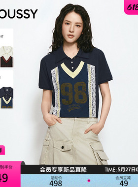 MOUSSY 2026夏季新品美式蕾丝拼接印花polo短袖T恤028JSZ90-1056