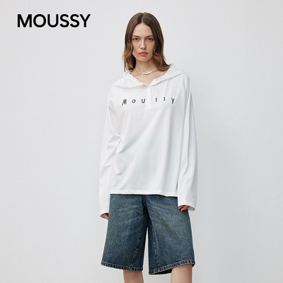 moussy春季新品休闲风蕾丝拼接长袖针织衫女028JSX90-1049