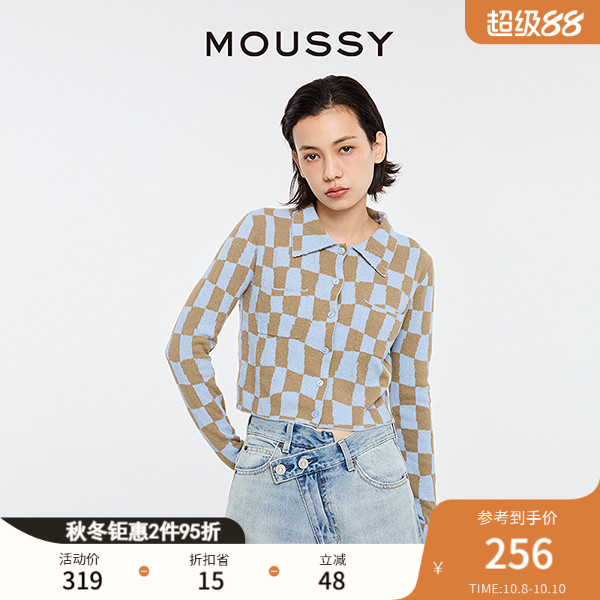 MOUSSY复古日系棋盘格针织开衫