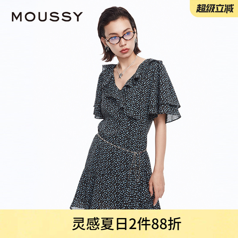 moussy荷叶边茶歇裙碎花连衣裙