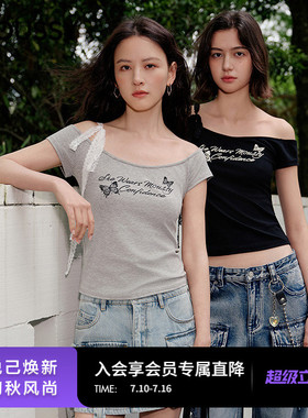 MOUSSY2026夏季新品美式复古一字肩蕾丝肩带短袖T恤028JSA90-1068