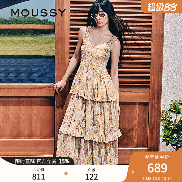 MOUSSY 2025早秋新品田园风碎花吊带蛋糕连衣裙长裙028IAA33-1891