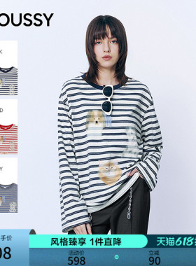 MOUSSY2026春季新品慵懒休闲风条纹小狗印花长袖T恤028JSA90-1015