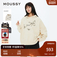 MOUSSY 2025春季新品美式风蝴蝶印花宽松连帽卫衣女028ISZ90-0171