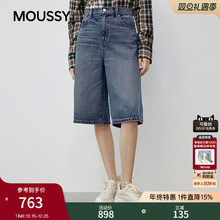 MOUSSY 2025秋季新品丹宁风复古做旧阔腿牛仔中裤女028IAA11-1022
