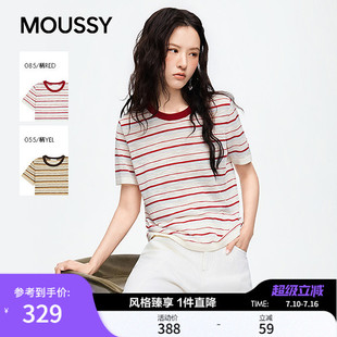 MOUSSY2026夏季新品复古条纹撞色圆领正肩短袖T恤028JSC90-1091