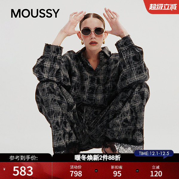 李斯丹妮同款MOUSSY 25秋品日系撞色格子长袖衬衫 028IAA30-0341