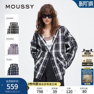 春季 028ISA30 新品 衬衫 2301 复古街头撞色格纹连帽长袖 MOUSSY