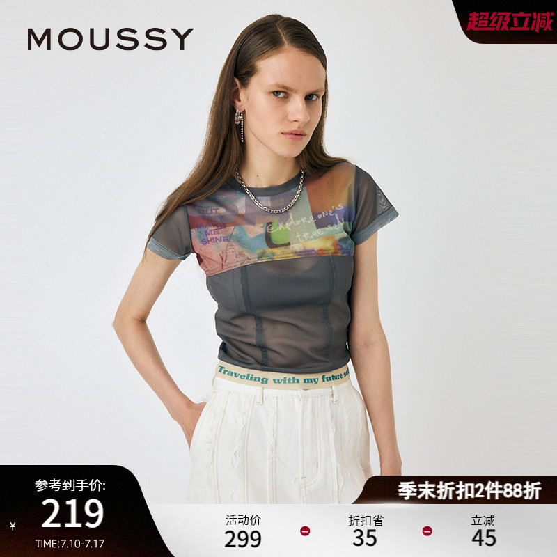 moussy薄纱透视印花鱼骨短袖T恤