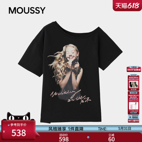MOUSSY2026夏季新品美式复古风做旧人像印花斜肩T恤028JSA90-1084