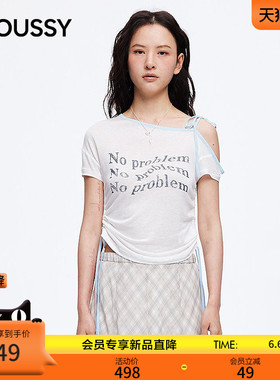 MOUSSY2026夏季新品纯欲甜辣风斜肩撞色系带印花T恤028JSA90-1069