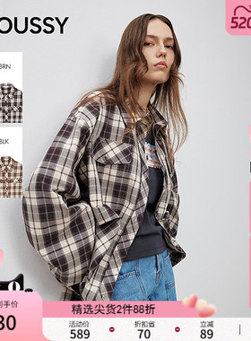 MOUSSY 甜酷风抽褶系带收口复古格子长袖衬衫女028ISA30-1004