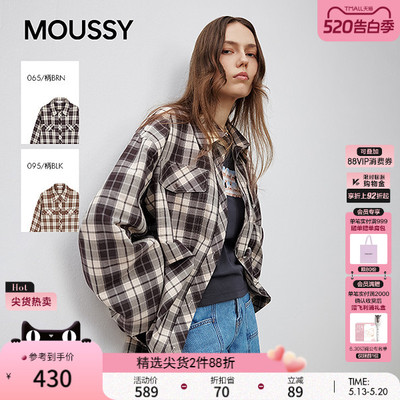 MOUSSY 甜酷风抽褶系带收口复古格子长袖衬衫女028ISA30-1004