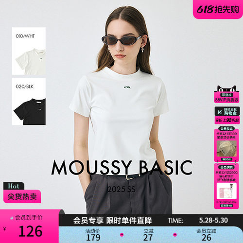 MOUSSY 夏季新品小高领简约两色短款短袖T恤女010IS480-6731