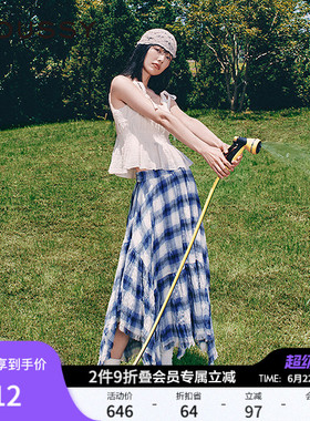 卢昱晓同款MOUSSY春新品甜美格子松紧不规则半裙028IAX31-1251