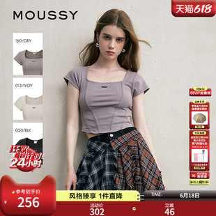 MOUSSY 早春新款方领修身LOGO短袖T恤小上衣女028ISZ90-3081