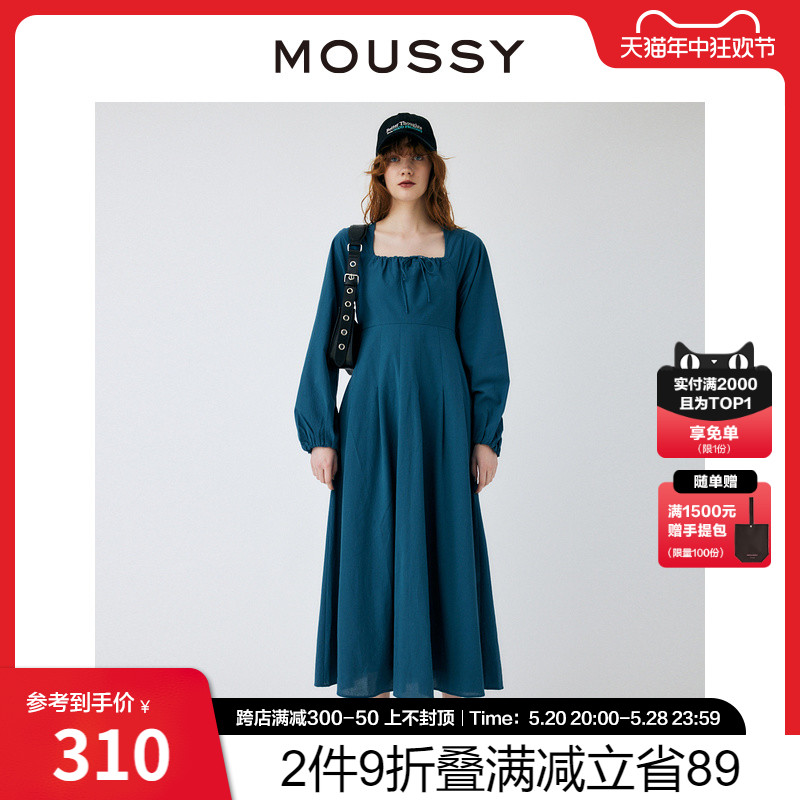 MOUSSY 新品方领蝴蝶结露背日系休闲长款连衣裙女010GS230-1690 女装/女士精品 连衣裙 原图主图