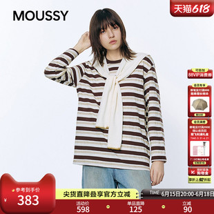 MOUSSY2026春季新品韩系温柔风系带条纹撞色长袖T恤028JSC90-1057