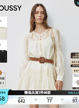 MOUSSY 早春新品甜美镂空褶皱拼接长袖连衣裙女028IAA33-1004