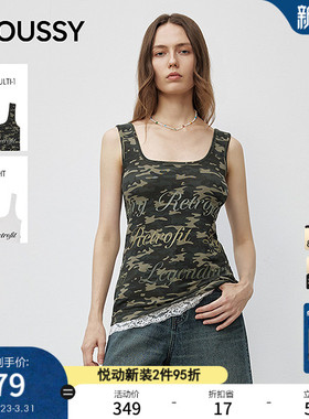 MOUSSY春季新品甜辣风蕾丝边字母印花针织背心028IAA90-1024
