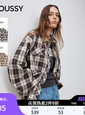 MOUSSY 甜酷风抽褶系带收口复古格子长袖衬衫女028ISA30-1004