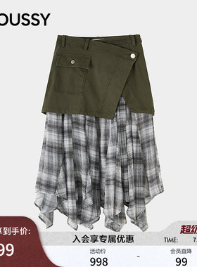 MOUSSY 2026夏季新品复古美式拼接格纹不规则半身裙028JAZ31-1002