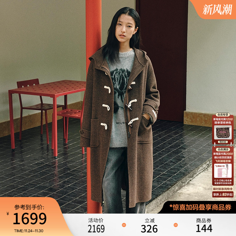 MOUSSY 2025冬季新品通勤复古风牛角扣长款毛呢大衣028IAC30-1089
