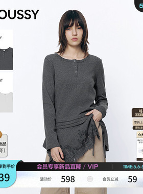 MOUSSY 2026春季新品蕾丝拼接亨利领不规则长袖T恤028IAA80-1021