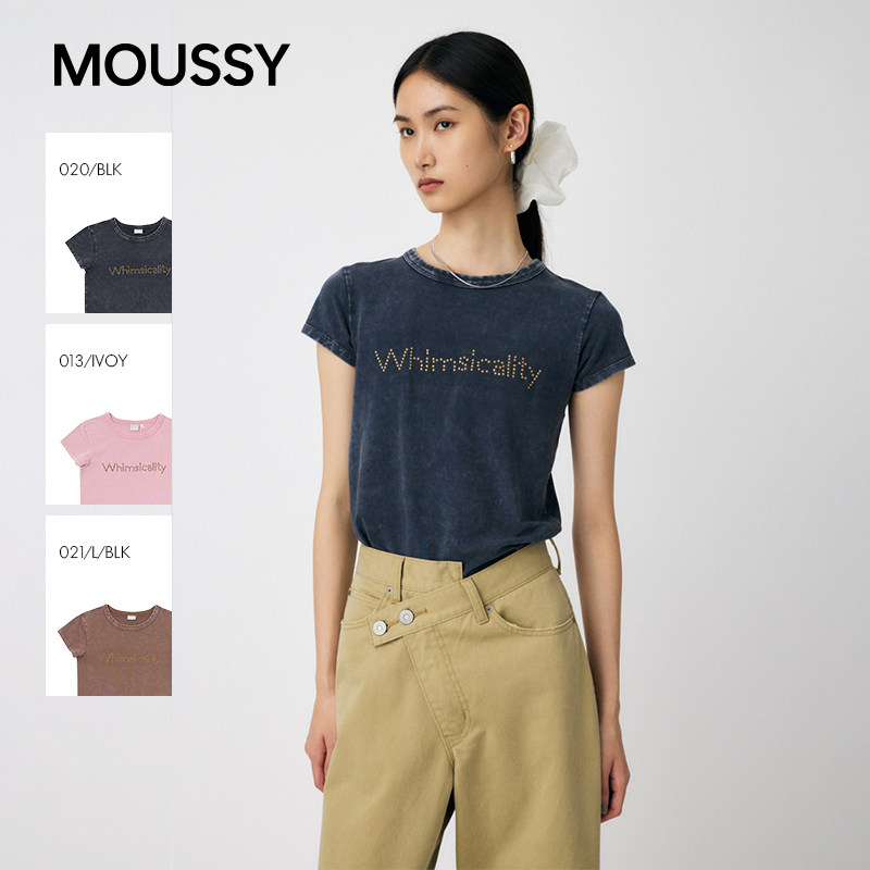 MOUSSY春季新品休闲风正肩圆领修身短袖T恤女010IA290-7621										