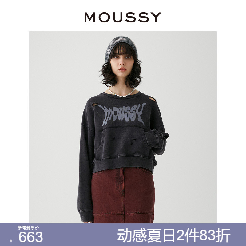 MOUSSY 美式学院风哥特印花破洞宽松短款圆领卫衣女028GAZ90-5190