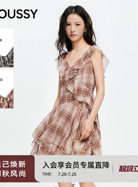 MOUSSY 2026夏季新品甜酷风不规则格纹荷叶边连衣裙028JSZ33-1021