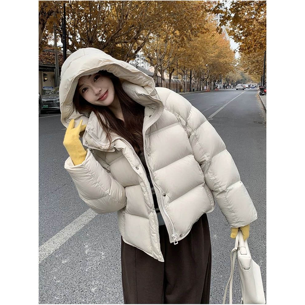 2025新款泡芙连帽短款小个子超蓬松韩版纯色90白鸭绒羽绒服