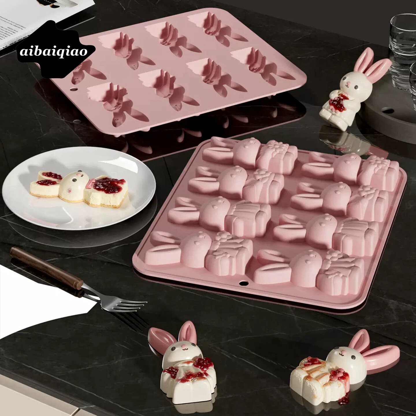 爱百巧 Easter Bunny复活节兔子巧克力模8连兔子甜点慕斯硅胶模具