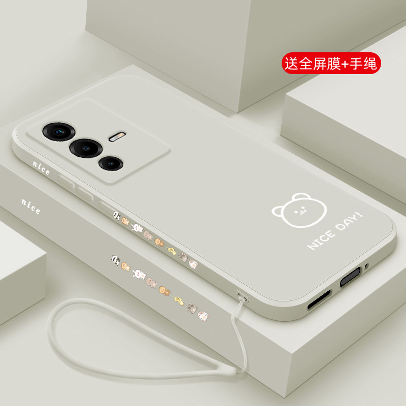 适用vivos12手机壳新款vivo s10pro液态硅胶s9e软壳s7se活力版镜头全包s6防摔保护套男女情侣简约卡通线条熊